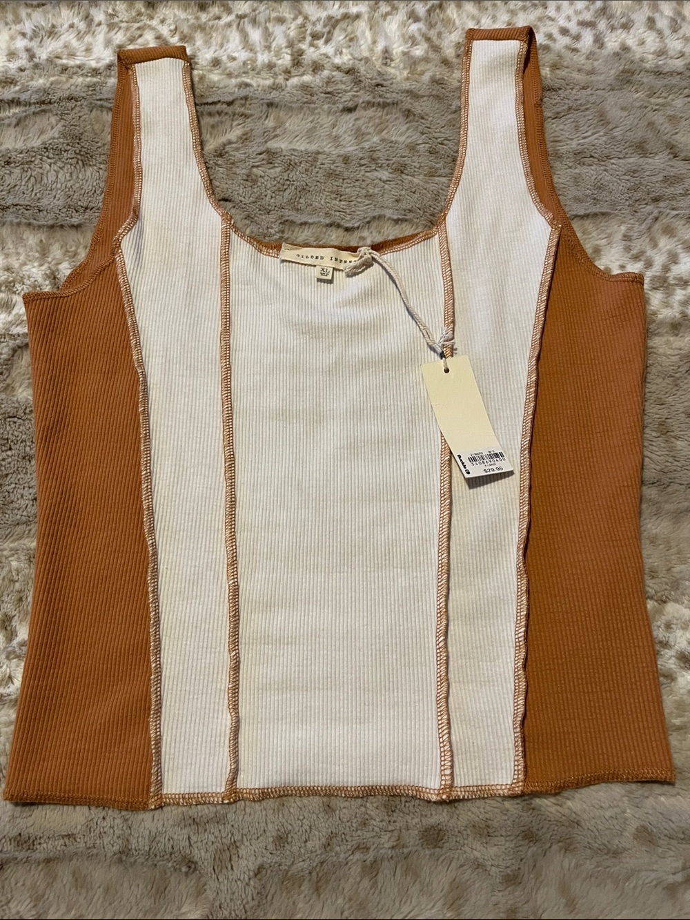 Buckle Two-Tone Ribbed Tank Top in White and Brown